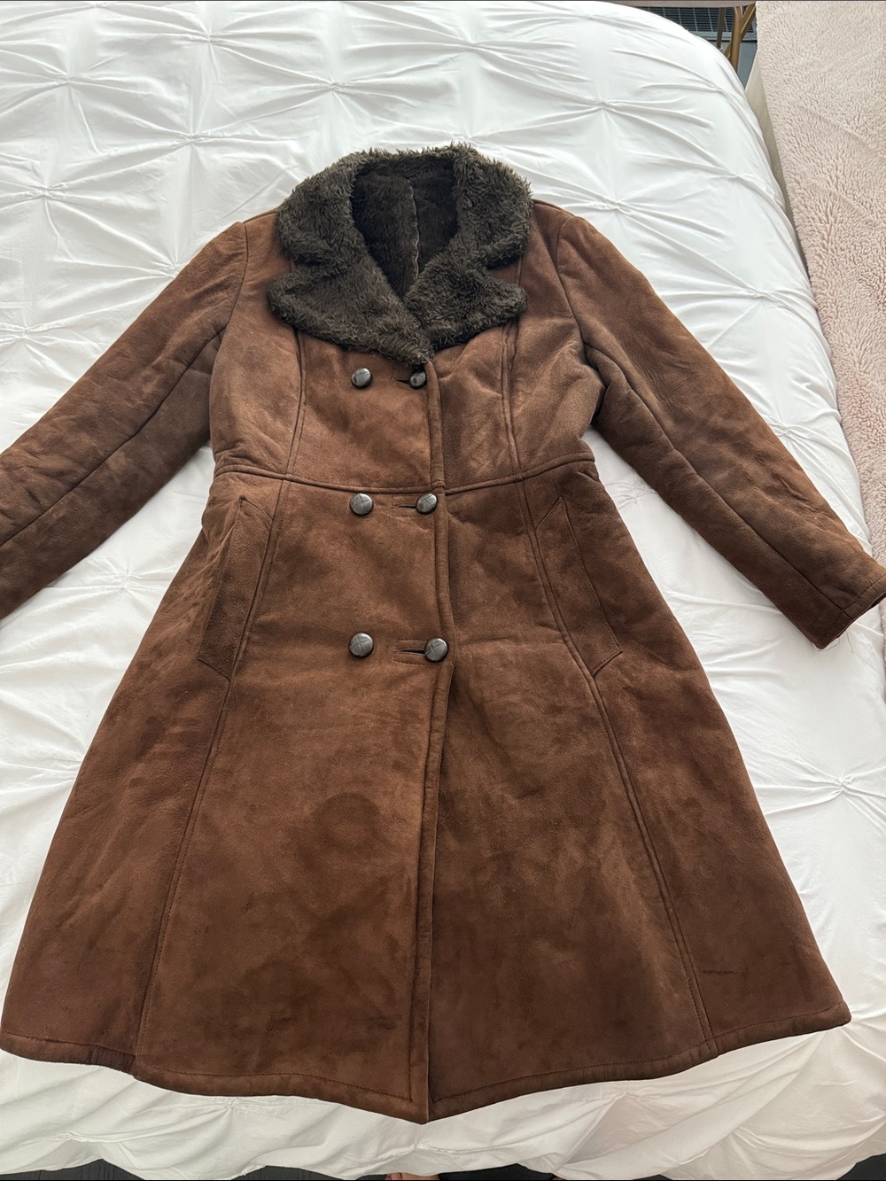 Women's Brown Suede Long Coat with Faux-Fur Collar and Interior